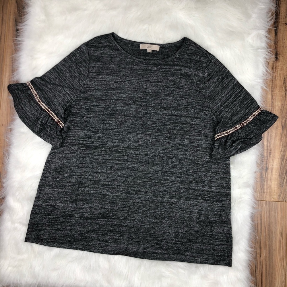 LOFT heather grey bell sleeve fringe top